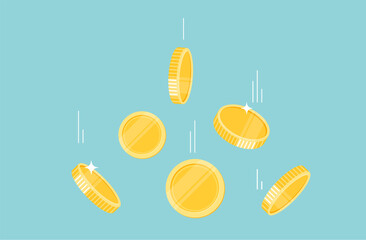 Gold coins money falling on the ground illustration, flat style flying. cartoon design.