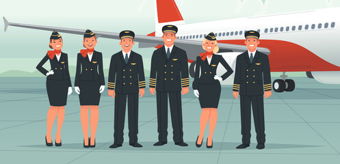 Airplane pilots, flight attendants, airline employees. The crew on the background of a passenger plane. Stewardesses and flight engineer © tynyuk