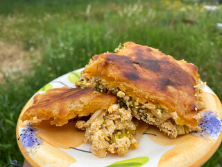 Turkish pastry with traditional cottage cheese on natural background