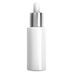 Dropper bottle for eye serum. Essential oil vial white blank for liquid face care treatment. Luxury container with pipette for collagen. Medical product flask with silver metal eyedropper