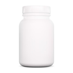 Tablet bottle. Vitamin supplement pill jar. White plastic capsule packaging blank, pharmaceutical prescription drug without label. Medication container design with lid. Health cure can