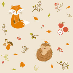 Autumn seamless pattern with cute fox and hedgehog.