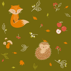 Autumn seamless pattern with cute fox and hedgehog.