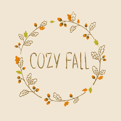 Autumn card with oak wreath and place for your text.