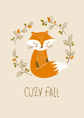 Autumn card with fox and place for your text.