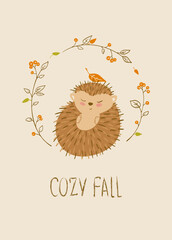 Autumn card with hedgehog and place for your text.