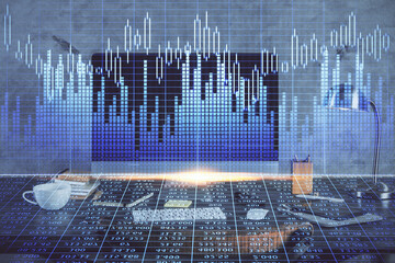 Multi exposure of chart and financial info and work space with computer background. Concept of...
