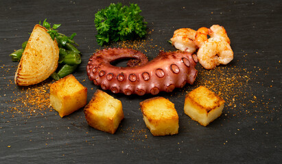 Grilled octopus tentacle on black stone plate served with shrimps © ange1011