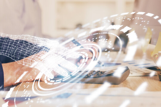 Writing man's hand with technology Ai icons.