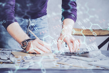 Student or teacher with mathematical and scientific formulas. Concepts of education.