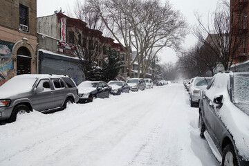 Winter landscape in the city. seasons first snow storm in NYC