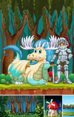 Four different scene of fantasy world with fantasy places and fantasy characters such as dragon with knight
