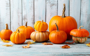 Pumpkins variety with autumn leaves. Blue wooden background. Copy space.