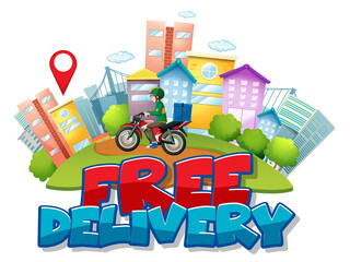 Free delivery logo with bike man or courier riding in the city