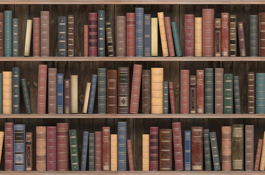 Vintage books on old wooden shelf. Old library or antique bookshop. Tiled seamless texture, wallpaper or background. 3d illustration