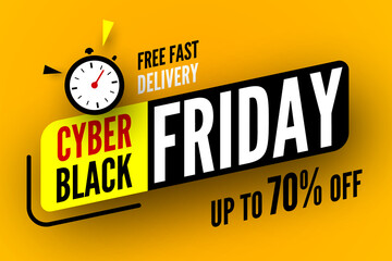 Cyber black friday sale banner. Free fast delivery, up to 70% off. Vector illustration.