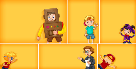 Fototapeta premium Set of different kid characters on yellow color background