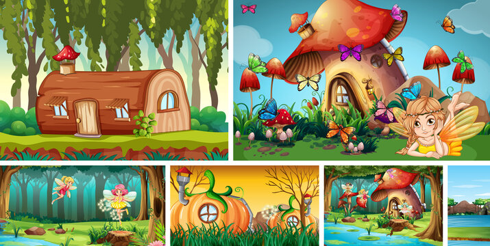 Six different scene of fantasy world with fantasy villages and fantasy characters such as log house and mushroom house and pumpkin house