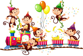 Monkey group in party theme isolated on white background