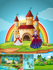 Four different scene of fantasy world with fantasy places and fantasy characters