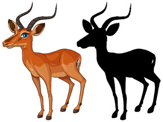 Gazelle cartoon character and its silhouette on white background