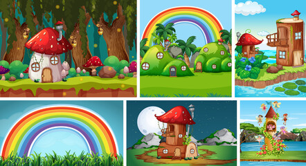 Six different scene of fantasy world with fantasy places such as mushroom village and castle with fairies