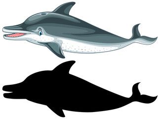 Dolphin characters and its silhouette on white background