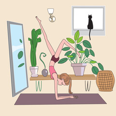 Young beautiful girl is engaged in yoga at home. The woman is standing in a pose. The concept of a healthy lifestyle and home yoga in a modern interior. Vector illustration. Vector illustration