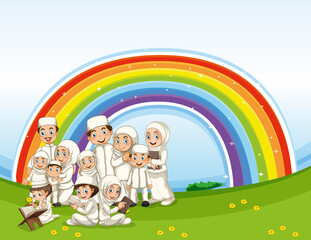 Obraz na płótnie Canvas Arab muslim family in traditional clothing with rainbow background