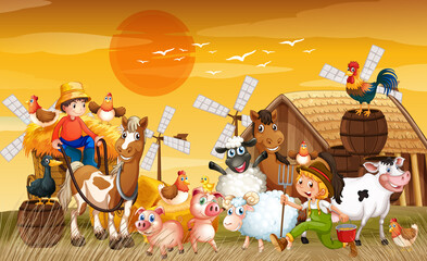 Farm in nature scene with barn and animal farm on sunset background
