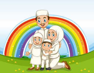 Arab muslim family in traditional clothing with rainbow background
