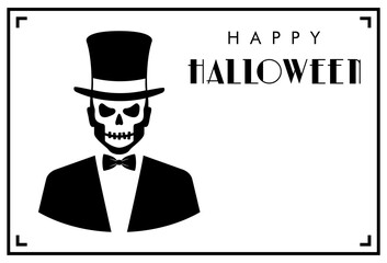 Feliz Halloween. Día de los muertos. Disfraz de zombi. Tarjeta de invitación con esqueleto con tux y chistera y tipografía en color negro
