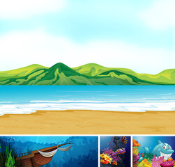 Fototapeta na wymiar Four different scene of tropical beach and underwater with sea creater cartoon style