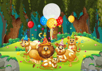 Many lions in party theme in nature forest background