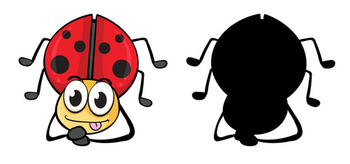 Set of insect cartoon character and its silhouette on white background