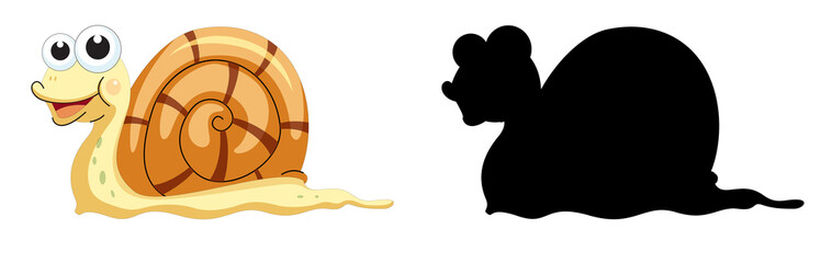 Set of snail cartoon character and its silhouette on white background