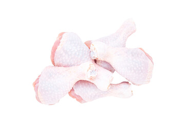 Set of five fresh chicken drumsticks isolated on a white background.