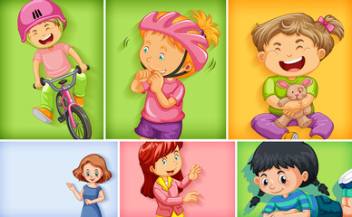 Set of different kid characters on different color background