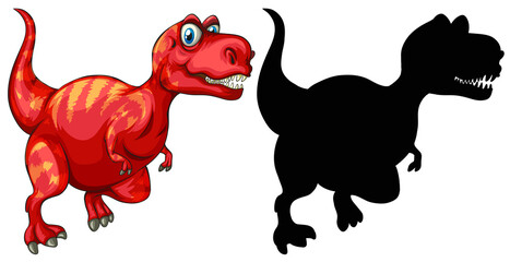 Set of dinosaur cartoon character and its silhouette on white background
