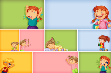 Set of different kid characters on different color background