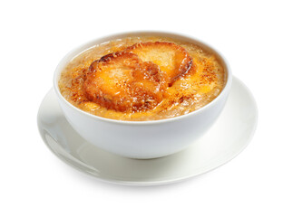 Tasty homemade french onion soup isolated on white