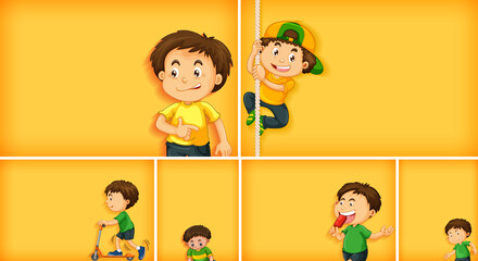 Set of different kid characters on yellow color background