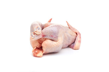 Fresh raw chicken carcass on a white background.