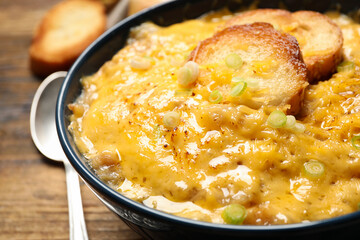 Tasty homemade French onion soup in bowl, closeup