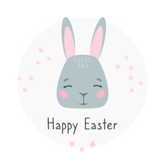 Cute childish happy easter illustration. Easter bunny gray with pink. Baby card, print isolated on white.