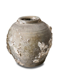 Ancient, old jar on white background with clipping path. Jar with barnacle on it.