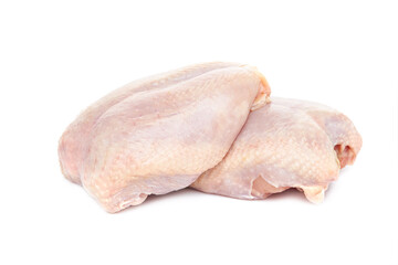 Two fresh raw chicken Breasts on a white background.