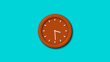 Brown color 3d wall clock on cyan background,12 hours 3d wall clock