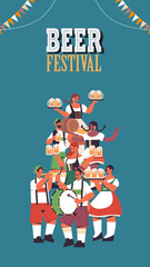 friends holding beer mugs and playing musical instruments Oktoberfest party celebration concept mix race people having fun vertical full length vector illustration