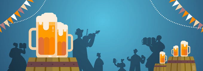 people silhouettes celebrating beer festival holding mugs playing musical instruments Oktoberfest party celebration concept greeting card portrait horizontal vector illustration